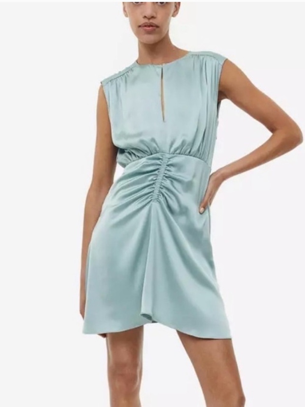 Satin Ruched Waist Mini Dress in Sage Blue